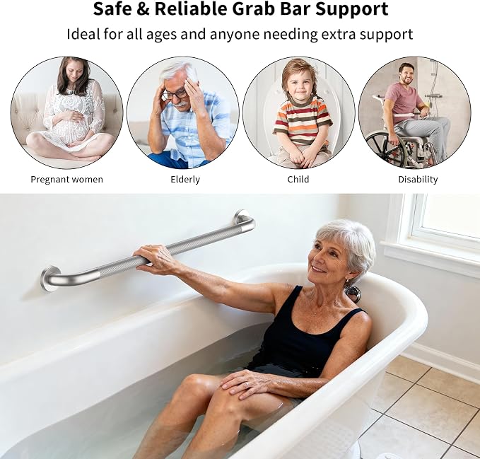 36 Inch Brushed Nickel Shower Grab Bar with Anti-Slip Knurled Grip,YuanDe Stainless Steel Bathroom Grab Bars，Shower Handrail Support, Handicap Elderly Balance Assist Handles