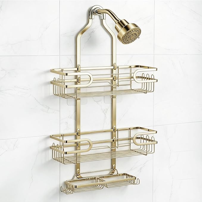 Shower Caddy Hanging, Over Head Shower Caddy Shower Storage Rack Basket with Hooks for Razor and Sponge Rustproof, No Drilling, Accessories for Bathroom and Kitchen, Gold