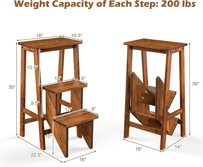 DORTALA 3 Tier Folding Step Stool, Rubber Wood Multifunctional Ladder Chair Bench, Portable Utility Seat, Flower Rack, 200 Lbs Capacity, Ideal for Library, Home (Brown)