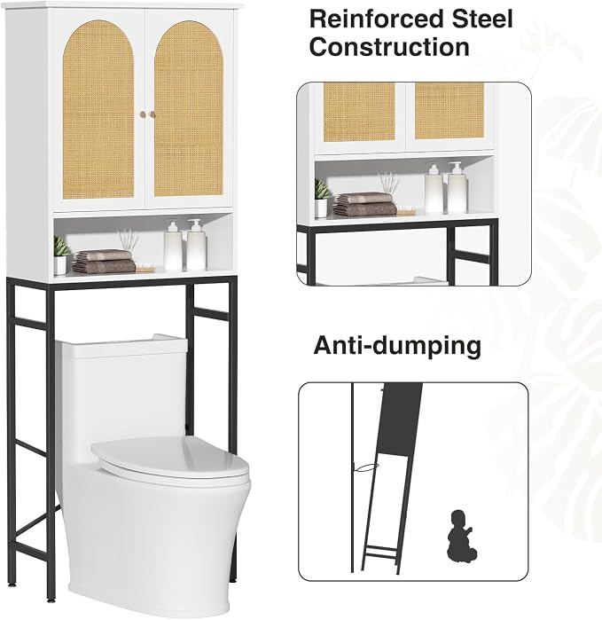 Rattan Over The Toilet Storage Cabinet, Bathroom Organizers and Storage Over Toilet with Rattan Door and Metal Stand, Tall Storage Shelves Above Toilet, Wood Rack for Restroom, Laundry, White