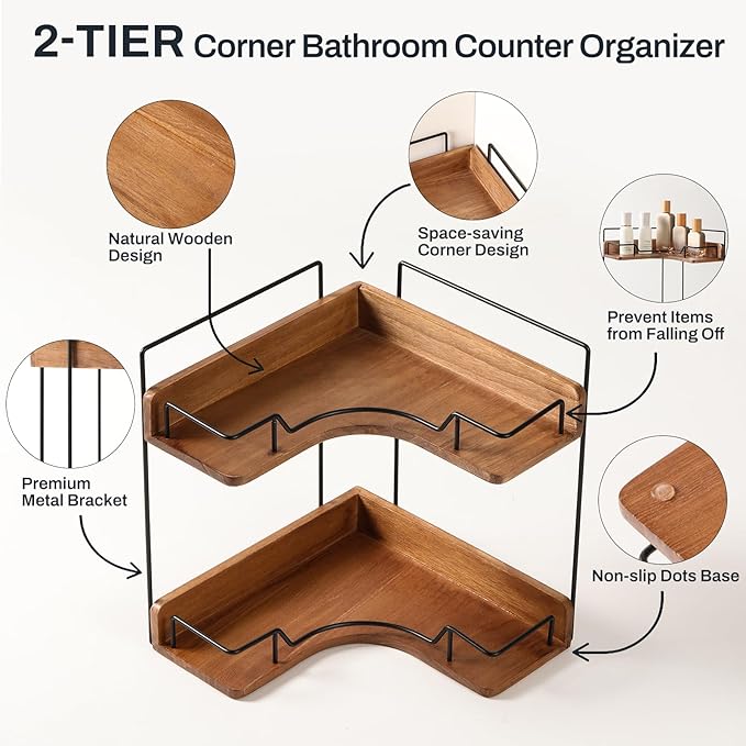 2-Tier Bathroom Counter Organizer, Wooden Corner Shelf for Vanity Countertop Skincare & Makeup, Storage and Organization for Kitchen