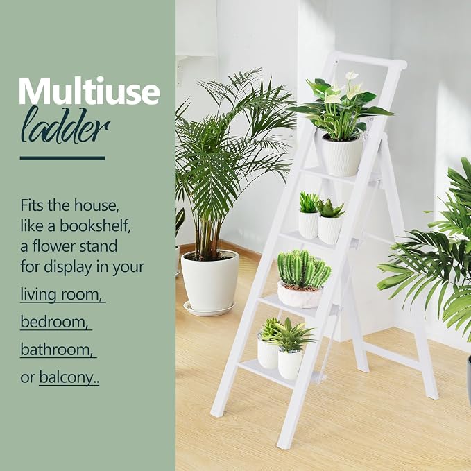 WOA WOA 4 Step Ladder, Ladders for Home, Anti-Slip Aluminum Pedals, Step Stool Foldable, Lightweight to Move, Ease of Storage, Reach 9ft for Closet Kitchen Library, Hold 300lbs - White