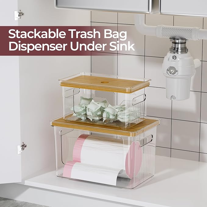 Delamu Acrylic Trash Bag Holder, 2 Pack (XL+S) Stackable Garbage Bag Dispenser, Clear Organizer Bins for Under Sink Organization, Pantry Storage, Cabinet, Kitchen, Laundry, Bathroom