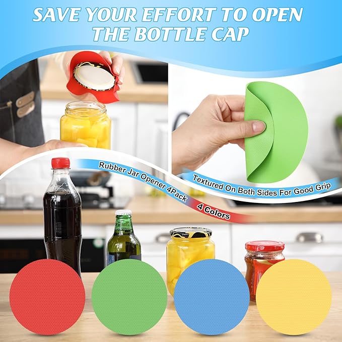 Jar Opener for Weak Hands, Seniors with Arthritis, 2 Pcs 5 in 1 Multi Function Bottle Opener Lid Openers For Arthritic Hands with 4 Pcs Rubber Jar Openers Bottle Gripper Non Slip Pad