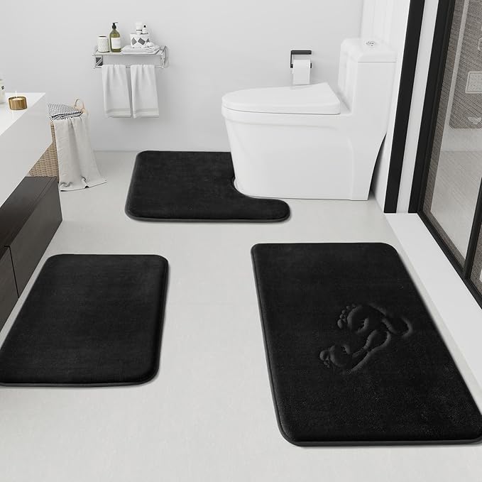 HUXMEYSON Bathroom Rugs Sets 3 Piece, Non-Slip & Quick Dry Bath Mat Set, Ultra Soft Velvet Bath Rugs for Bathroom, Toilet and Shower Floor, Black