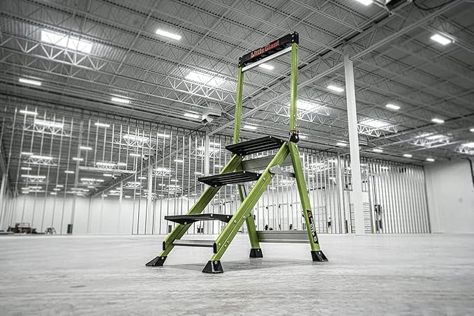 Little Giant Jumbo Step 3-Step Foldable 3-Ft Fiberglass Stool, Non-Conductive, Hi-Viz Green Rails, Extra-Wide Stair-Like Treads, Rotating Handrail, 375 lb. Type IAA, 11933
