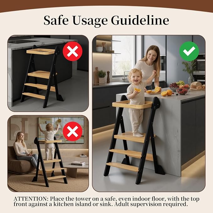 COSYLAND Foldable Standing Tower – IF Design Awarded Toddler Kitchen Step Stool with Safety Net & Large Side Support Legs– Height Adjustable Toddler Learning Helper Stool (Black & Natural)-Foldi