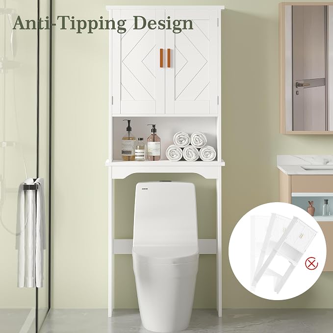 VECELO Over The Toilet Storage Cabinet, Over Toilet Bathroom Shelf with Double Doors and Anti-Tip Device, Inner Adjustable Shelf, White