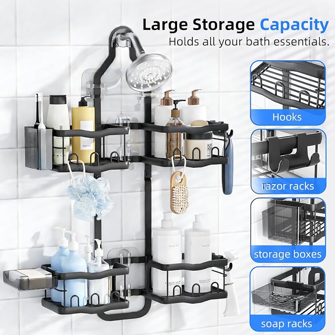 GearFusion Aluminum Hanging Shower Caddy for Handheld Shower Heads | Rustproof Bathroom Organizer Rack, Adjustable Shower Shelf Over the Showerhead Caddy Storage with Hooks Soap Baskets, Black