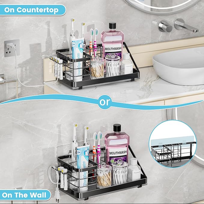 Toothbrush Holders Instant-Drying Organizer - Bathroom Countertop/Wall Mounted Electric Toothbrush Holder - Toothbrush Head Toothpaste Holder Bathroom Counter Organizers Storage Black