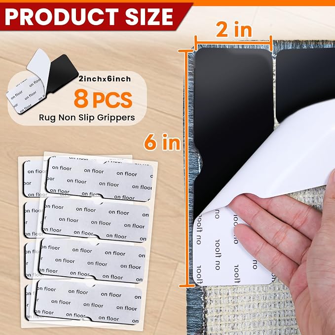 Rug Non Slip Grippers, Reusable Rug Tape Pads for Hardwood Floors, Tiles, No Residue Stickers for Wood Floor, Double Adhesive Carpet Tape for Area Rugs Corners Flat (8)