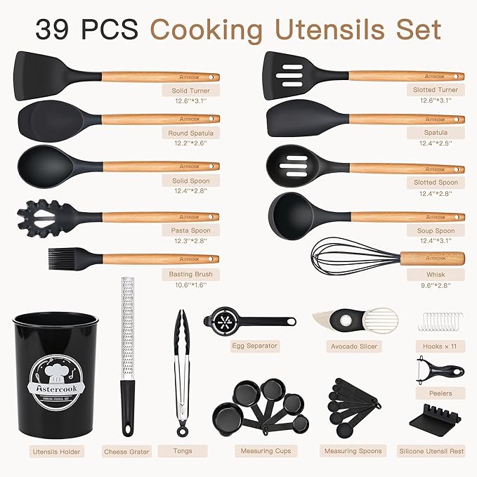 Astercook 39 PCS Kitchen Utensils Set, Silicone Cooking Utensil Sets with Wooden Handle, 446°F Heat Resistant Food Grade Spatula Set, BPA Free Kitchen Gadgets Tools Set & Spoons for Nonstick Cookware