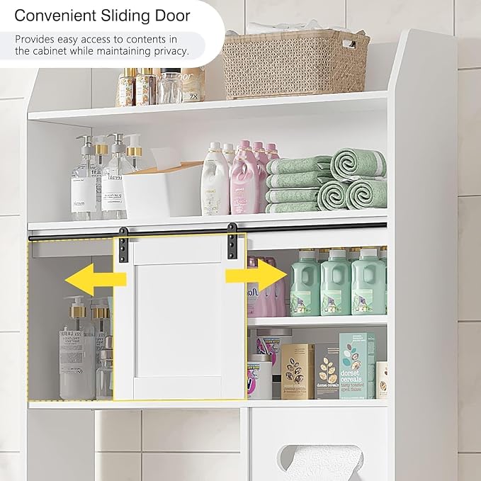VECELO Over The Toilet Storage Cabinet with Sliding Doors, 63.8" Toilet Organizer with Adjustable Shelves, Paper Holder and Racks, for Bathroom Laundry, White