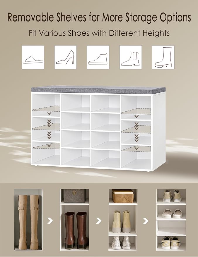 DINZI LVJ Shoe Storage Bench with Cushion, 14-Cubby Shoe Rack, Adjustable Shelves, Multifunctional Shoe Organizer Bench for Entryway, Mudroom, Hallway, Living Room, Bedroom and Garage, White