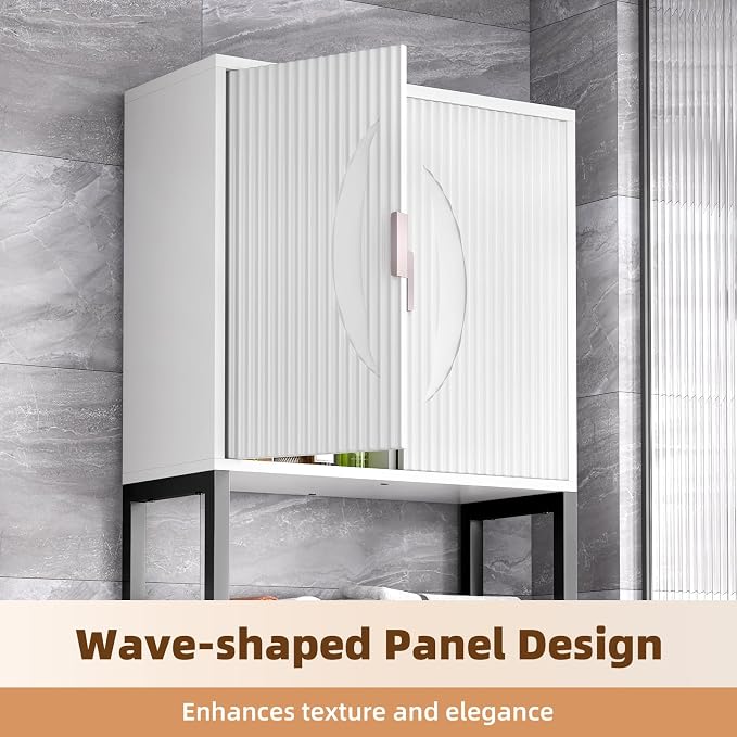 Kalrin Over The Toilet Storage Cabinet with Fluted Wave Doors and Adjustable Shelf, Wood Over Toilet Storage Rack with Drain Basket, Freestanding Bathroom Organizer for Balcony Laundry, White & Black