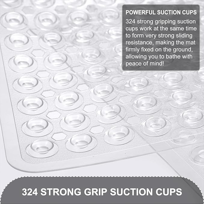 TEESHLY Bath Mat for Tub & Shower, Non Slip Soft Bathmat with Suction Cups & Drain Holes, Machine Washable Bathtub Floor Liner Mats for Bathroom, 35x16 Inch, Clear