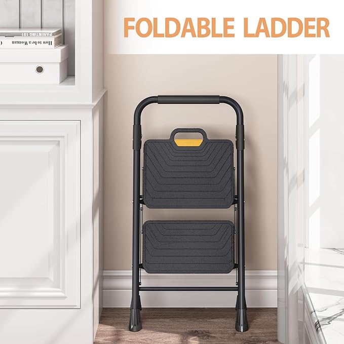 TOOLF 2 Step Ladder, Sturdy Steel Step Stool with Anti-Slip Wide Pedals, Handrail, Safe-Lock Design, Folding Portable Ladder for Multi-Purpose, Home, Kitchen, Pass 800lbs Load Testing, Black