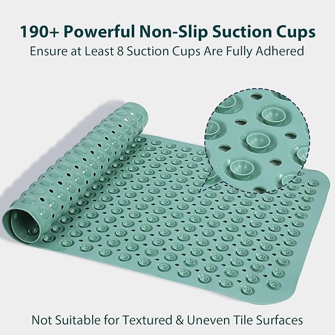 Bathtub Mat Shower Mat Non Slip 17x30 Inch Standard Size, Soft Bubble Bath Tub Mat Shower Mats for Inside Shower Bathroom Floor Mat with Big Suction Cups & Drain Holes, BPA-Free，Mars Green