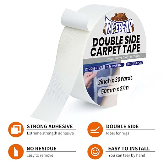 TAPEBEAR Carpet Tape Double Sided 2Inch x 30Yards, Heavy Duty Rug Gripper Anti Slip Anti Curling Floor Tape Residue-Free, Two Sided, Removable, Waterproof for Area Rugs, Mats, Strong Hold for Tile