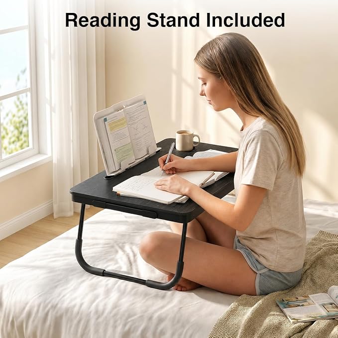 BUYIFY Foldable Laptop Bed Desk for Couch, Sofa - Large Lap Desk Tray Table with Cup Holder and Tablet Slot - Portable Notebook Stand for Eating, Writing, Studying and WFH (Black)-USA Original Patent