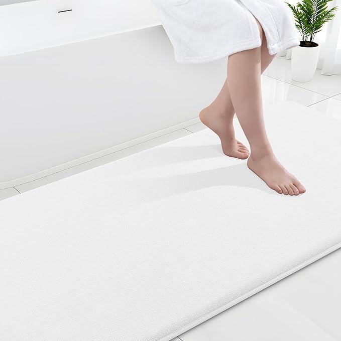 Smiry Memory Foam Bath Mat 47x24, Extra Soft and Absorbent Bathroom Mats, Non Slip Washable Carpet for Floor, Shower and Tub, White