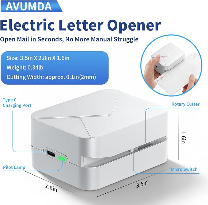 Rechargeable Electric Letter Opener Mail Opener Letter Openers Envelope Slitter Automatic Letter Opener Portable & Safe Blade Design, Universal Envelope Efficient Tool for Office Home (White)