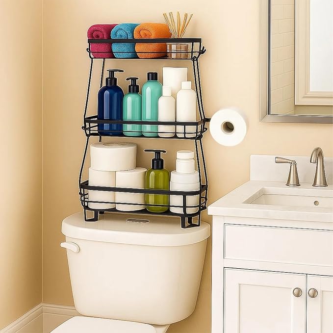 ShellKingdom Over The Toilet Storage Shelf, 3 Tier Toilet Paper Holder Stand Shelves, Punch-Free Bathroom Storage Rack with Hooks, Small Space Organizers for Bathroom, Home, Countertop, Black