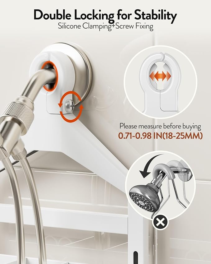 Orimade Adjustable Hanging Shower Caddy for Handheld Shower Heads, Rustproof Bathroom Shelf Organizer Over Showerhead Storage Rack with 8 Hooks, Easy-Clean Removable Baskets & Triple Anti-Slip, White