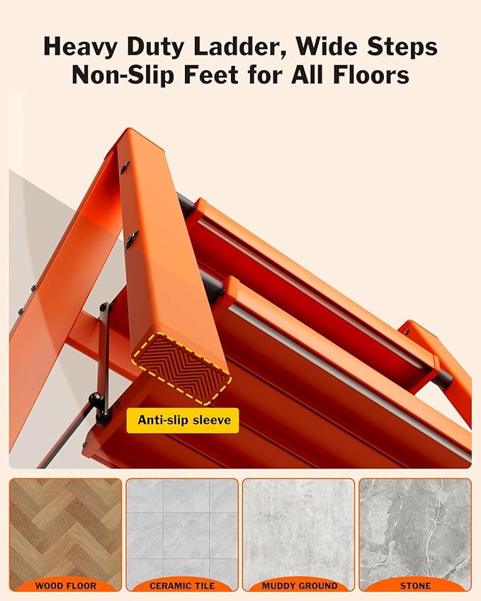 2 Step Ladder, Aluminum Lightweight Folding 2 Step Stool with Anti-Slip Wide Pedal,330lbs Capacity Steel Ladder for Household and Office(Hermes Orange)