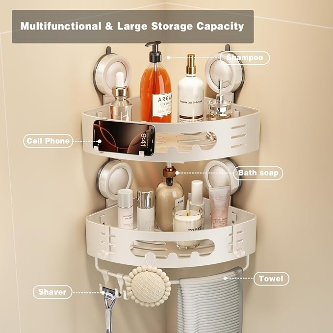 Voldra Corner Shower Caddy Suction Cup, Aluminum Corner Shower Shelves for Wall No Drilling, Large Suction Cup Shower Organizer with Towel Bar & Hooks Removable Bathroom Storage (1 Pack-Cream White)
