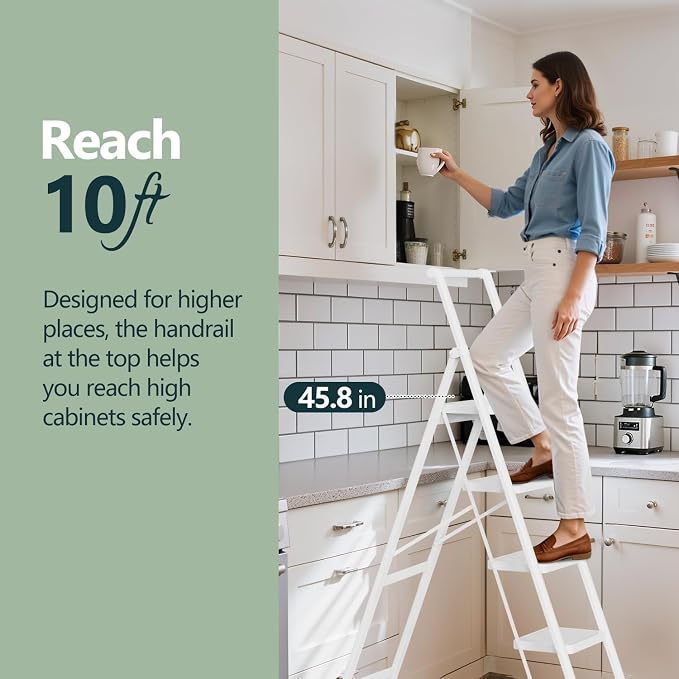 WOA WOA Step Ladder for Home, Foldable Step Stool for Kitchen with Non-Slip Pedals, Sturdy Ladders Supports up to 330 lbs, Compact and Portable - 5 Step with Handle/White