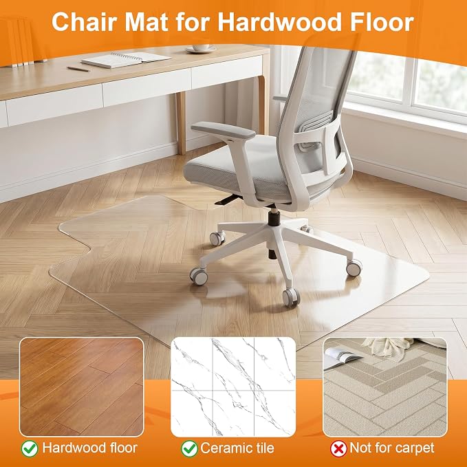 Chair Mat for Hardwood Floor, 35.5" x 47.5" Clear Office Chair Mat for Hardwood Floors with Lip, Desk Chair Mat for Rolling Chair, Smooth Rolling Desk Chair Mat, Easy-Clean Floor Protector