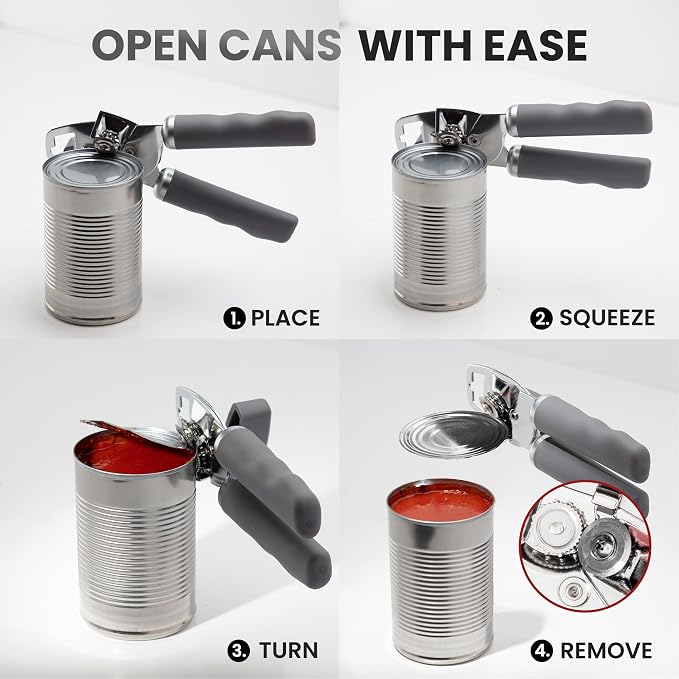 Zulay Kitchen Heavy Duty Stainless Steel Can Opener Manual with Bottle Opener - Rust Proof Manual Can Opener With Turn Knob & Comfy Soft Grip Handles - Gray