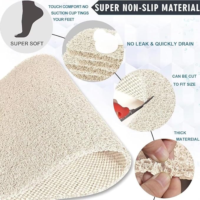 godehone Shower Mats Non Slip Without Suction Cups, PVC Loofah Bathroom Mats, Loofah Mats for Shower and Bathroom, Quick Drying, 17.1× 59 Inch, Beige