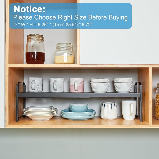 X-cosrack 25.5 Inches 3 Pack Expandable Cabinet Shelves, Stackable Shelf Organizer for Kitchen Cabinet Countertop Storage, Adjustable Counter Cupboard Pantry Organizer Shelf Rack Stand Riser, Black