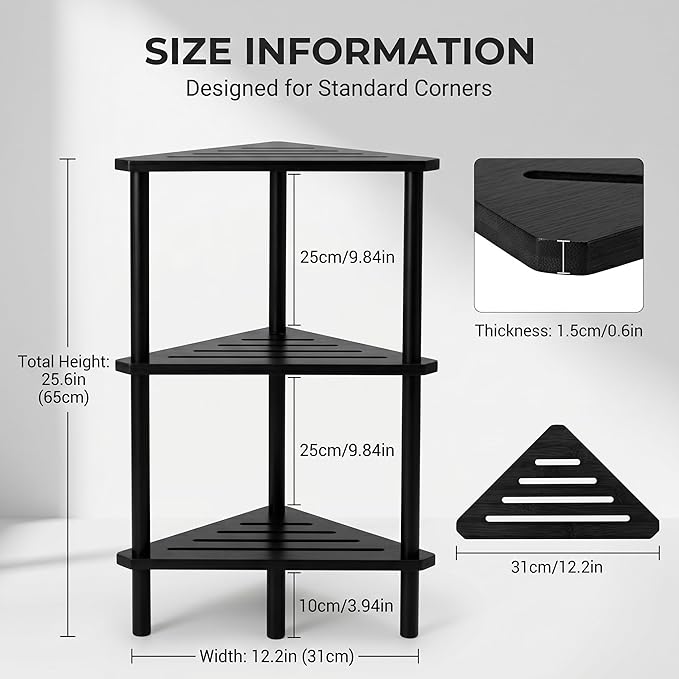 3-Tier Black Free Standing Corner Shower Caddy, Bamboo Wood Bathroom Shower Shelf Table for Inside Shower Organizer & Storage Foot Rest Shower Stool