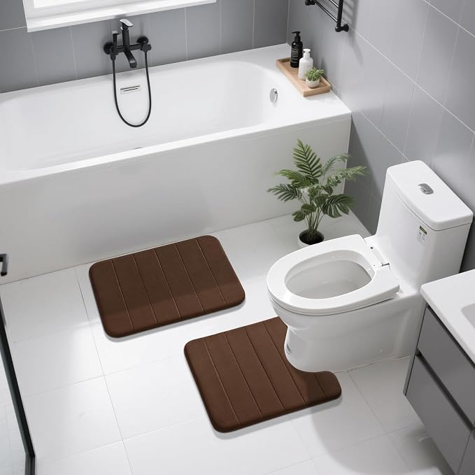 Yimobra U-Shaped Toilet Bath Mat Set 2 Piece - Super Soft Absorbent Quick Dry Memory Foam Bathroom Rugs, Machine Washable Non Slip Floor Carpet for Tub Shower & Single Sink (17x24 & 24x20, Brown)