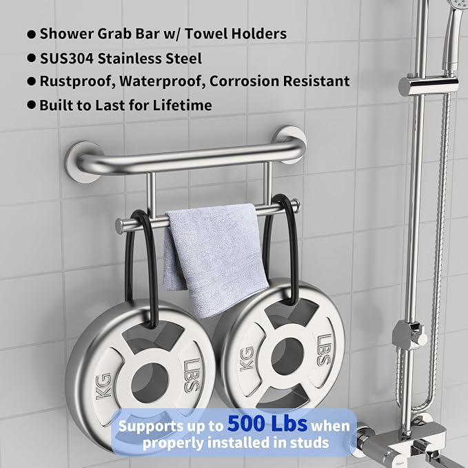 Brushed Nickel Grab Bar 17 Inch w/Towel Holder, iHansee Stainless Steel Shower Towel Bar Bathroom Balanced Support Handle, Wall Mount Safety Handrail Grab Rail for Elderly Senior Handicap Disabled