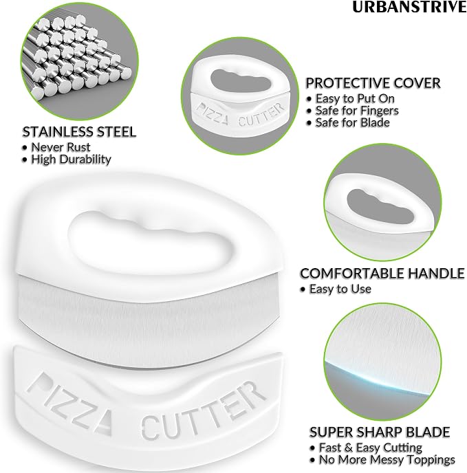 Urbanstrive Heavy Duty Stainless Steel Pizza Cutter with Cover, Super Sharp Blade Pizza Knife Pizza Cutter Rocker, Perfect Kitchen Gadgets for Pizza Cutting Home Essentials, White