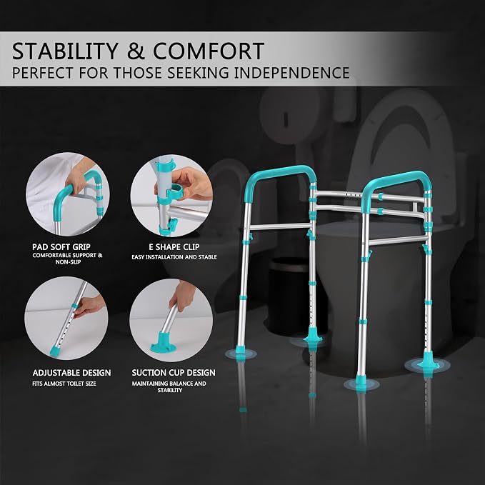 Lianjindun Toilet Safety Rails (350 lb), Adjustable Toilet Frame for Elderly, Seniors, Handicap & Disabled, Foldable Handicap Toilet Handles Fit Any Toilets（Peacock Blue）