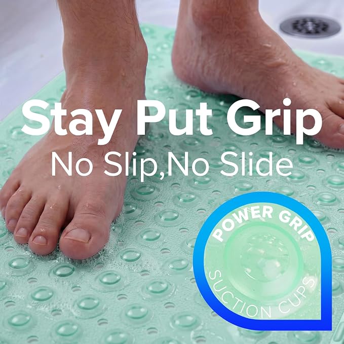SlipX Solutions Power Grip Extra Long Bath Tub & Shower Mat 39x16, Wet Floor Non-Slip for Elderly & Kids Bathroom, 30% Longer Bathtub Mats, 200 Suction Cups, Drain Holes (1, Translucent Light Green)