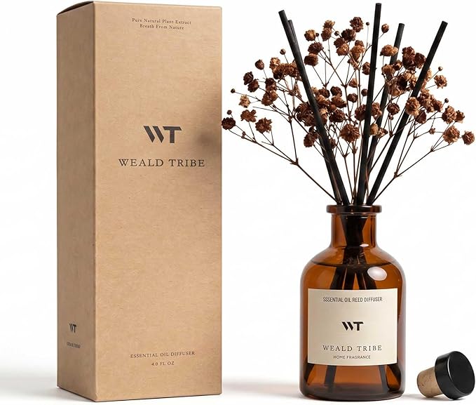 WEALD TRIBE Reed Diffuser Set for Bathroom Air Fresheners, Oil Diffuser Sticks | Vanilla Whiskey Scent 4.0 fl oz Home Fragrance with Sticks Defusers | House Bedroom Office Shelf Decor
