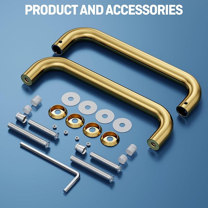 Ranbo Polished Gold 8" （CTC） Tubular Back-to-Back Shower Door Handle，Heavy-Duty 1.0mm Thick 304 Stainless Steel, for 1/4"- 1/2" Thick Glass and 1-3/8" - 2-1/6" Thick Wooden or Metal Doors