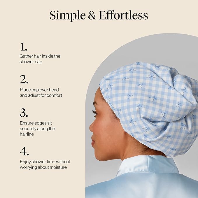 Kitsch Luxury Satin-Lined Flexi Shower Caps for Women Reusable Waterproof - Large Wide Shower Cap for Women & Men, Adjustable, Stylish Hair Cap for Showers, For Long & Short Hair - Gingham Blue