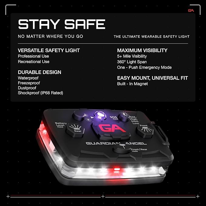 Guardian Angel Elite Series Safety Light, Infrared-Hybrid - White Front & Red Rear - Rechargeable, Magnetic, Hands-Free Wearable LED Flashlight for Law Enforcement, First Responders, & Firefighters