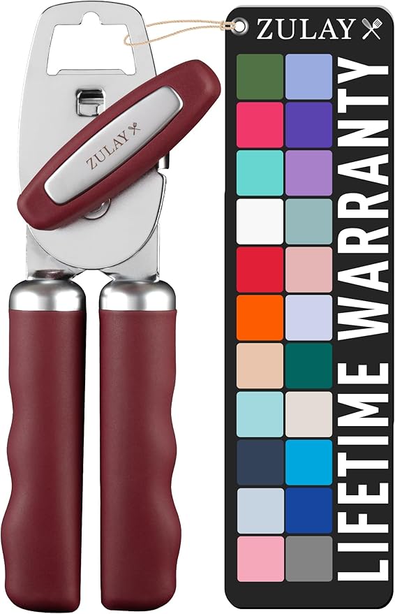 Zulay Kitchen Heavy Duty Stainless Steel Can Opener Manual with Bottle Opener - Rust Proof Manual Can Opener With Turn Knob & Comfy Soft Grip Handles - Deep Red