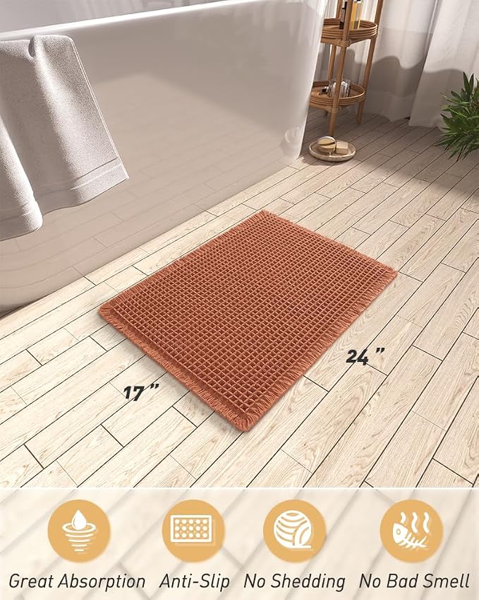 AMOAMI Upgraded Waffle Bath Mat, Super Absorbent Non Slip Bath Mats for Bathroom Floor, Machine Washable Bathroom Rugs with Tassels, Rubber Backed Bathroom Mats, Ultra Soft, 17" x 24", Dirty Orange