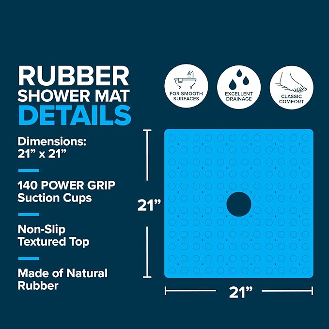 SlipX Solutions Square Natural Rubber Shower Stall Mat, 21” x 21”, Mildew Resistant, Non Slip Safety, Antimicrobial Product Protection, 140 Power Grip Suction Cups, Center Drain Hole, Gray