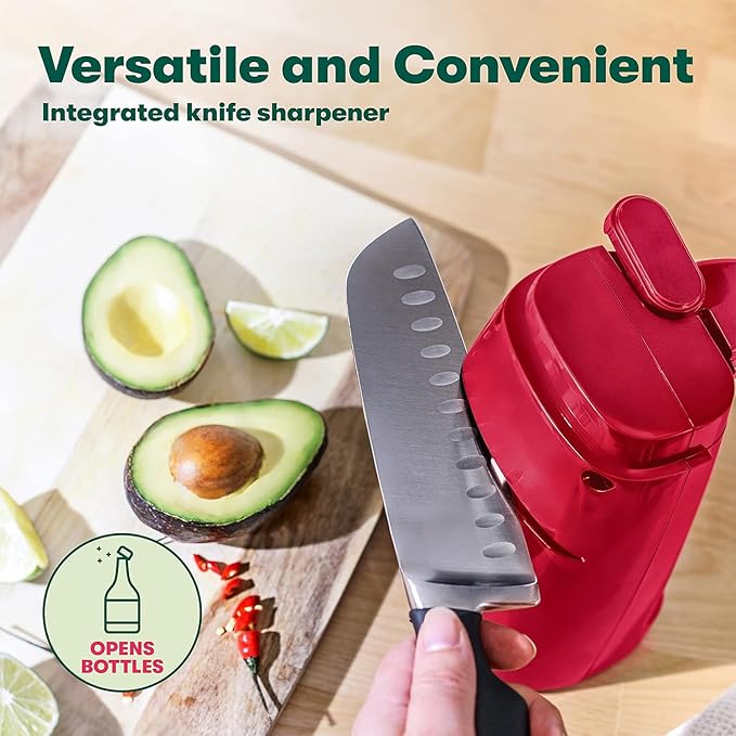 bella Electric Can Opener and Knife Sharpener, Removable Cutting Lever, Cord Storage, Stainless Steel Blade, Red