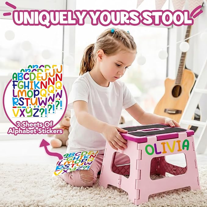 Delxo 9 Inch Folding Step Stool for Kids - Includes 3 Alphabet Letter Stickers & 2 Non-Slip Grip Pads, Sturdy Foldable Foot Stool for Toddlers, Kitchen, Bathroom & Bedroom (Pink)